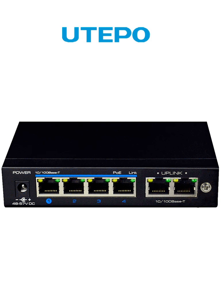 UTEPO UTP3SW04TP60 - Switch PoE de 6 puertos Fast Ethernet, 4 puertos PoE (60W totales), 2 puertos uplink, 802.3af/at, no administrable, modo CCTV
