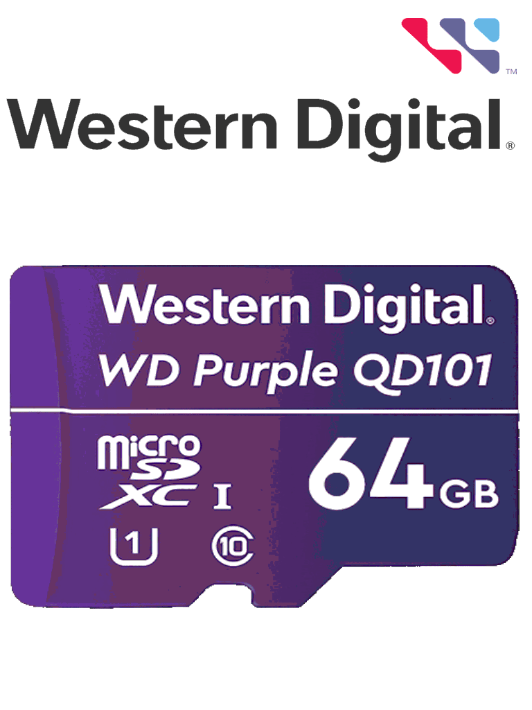 WESTERN WDD064G1P0C- Memoria de 64GB Micro SDXC/ Linea Purple/ Clase 10 U1/ Lectura 50MB/ Escritura 40MB/ Especializada para Videovigilancia #VIVA #MICROSD
