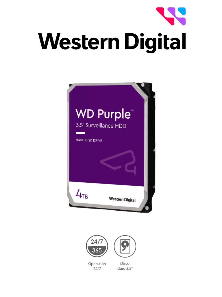 WESTERN DIGITAL WD43PURZ -  Disco Duro de 4TB Purple/ Especial para Videovigilancia/ Trabajo 24/7/ Interface: Sata 6 Gb/s/ Hasta 64 Cámaras/ Hasta 16 Bahías de Discos Duros/ 180Mb/S /3 Años de Garantía #VIVA