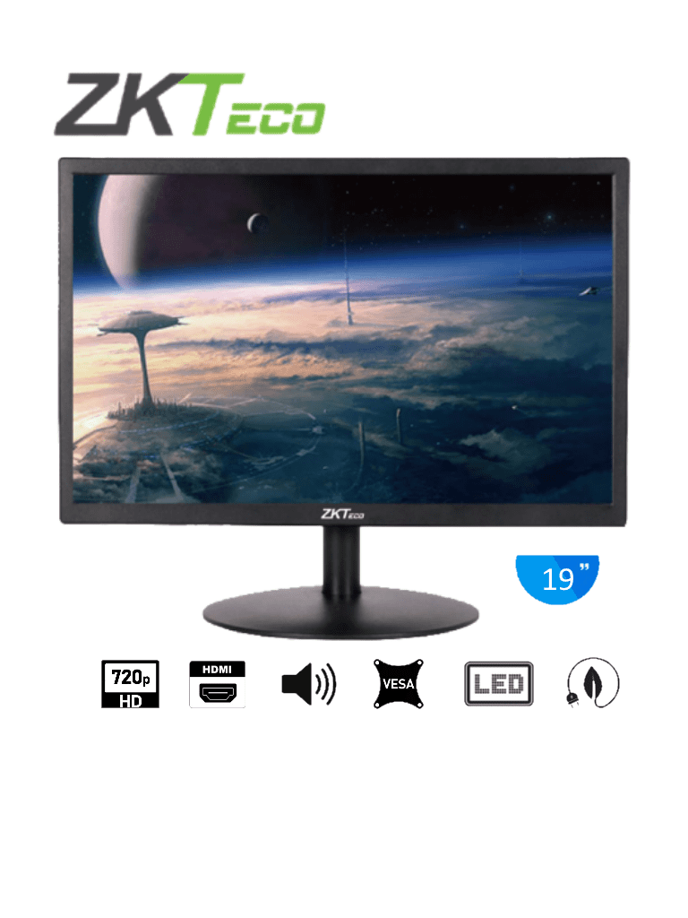ZKTECO ZD192K - Monitor LED HD de 19 pulgadas / Resolución 1440 x 900 / 1 Entrada de video HDMI y 1 VGA / Ángulo de Visión Horizontal 170° /  Soporte VESA / Operación 24/7 / Incluye Cable HDMI #ZK2