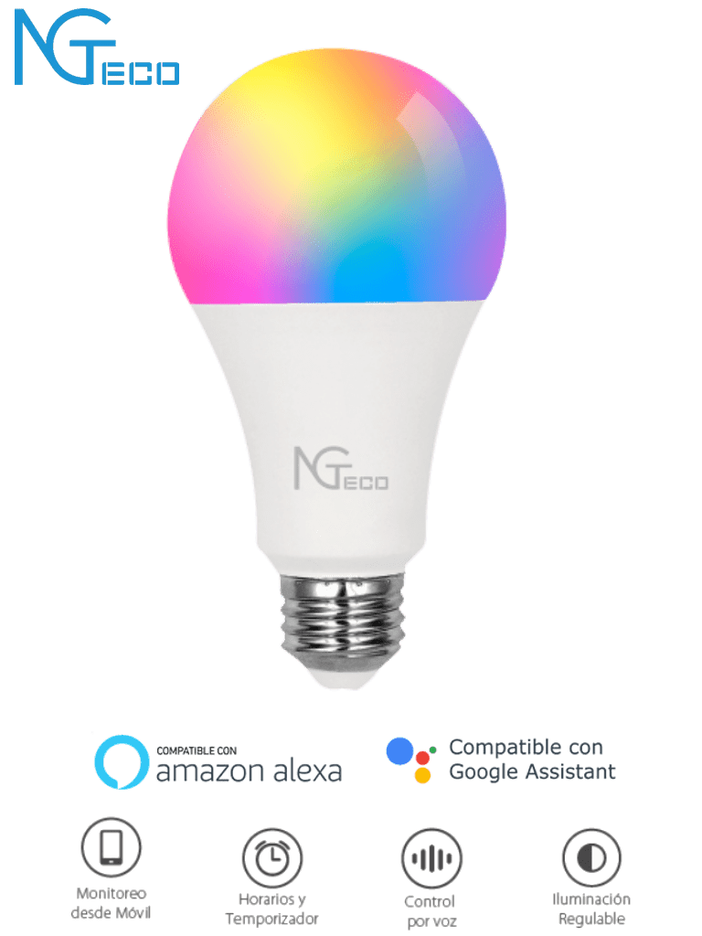 NGTECO NGL200 - Foco LED Inteligente WiFi de 9W / Color regulable / Control remoto App / Control por voz Amazon Alexa y Google Assistant / WiFi 2.4 GHz / Configuración Horarios / 950 Lumenes 