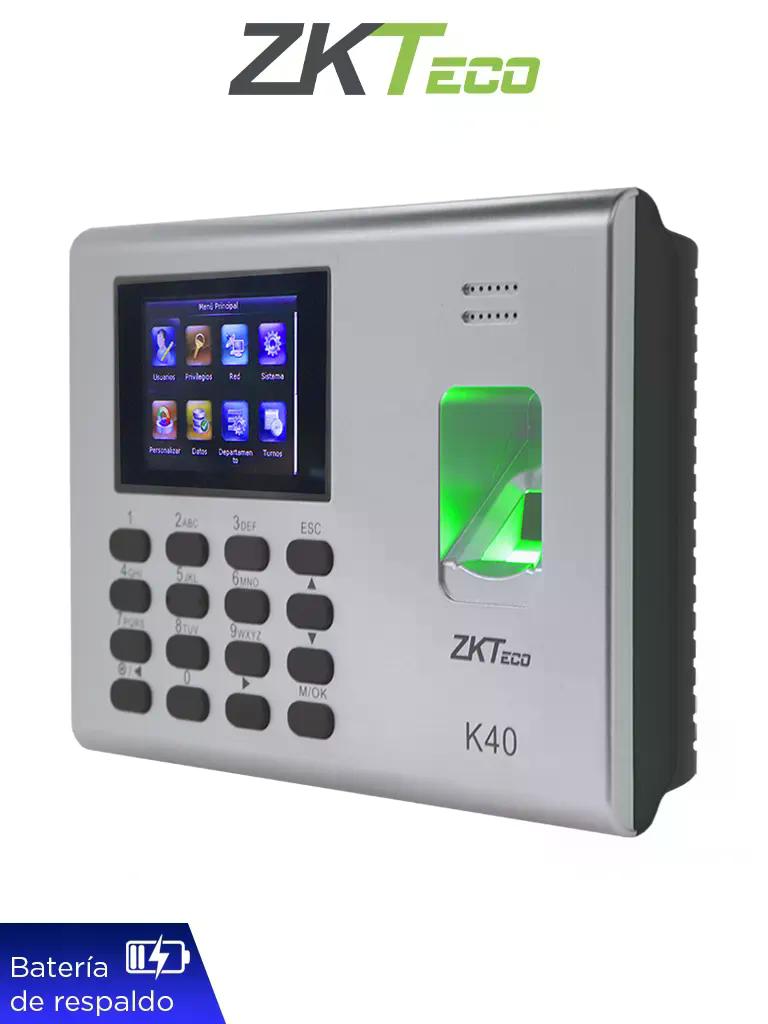 ZKTECO K40 - Control de Asistencia y Acceso Básico con Huella Digital BioID (1000), Conexión TCP/IP, SSR (Reporte en Hoja de Cálculo Mediante USB) y Batería de Respaldo de 2 Horas #ZK9