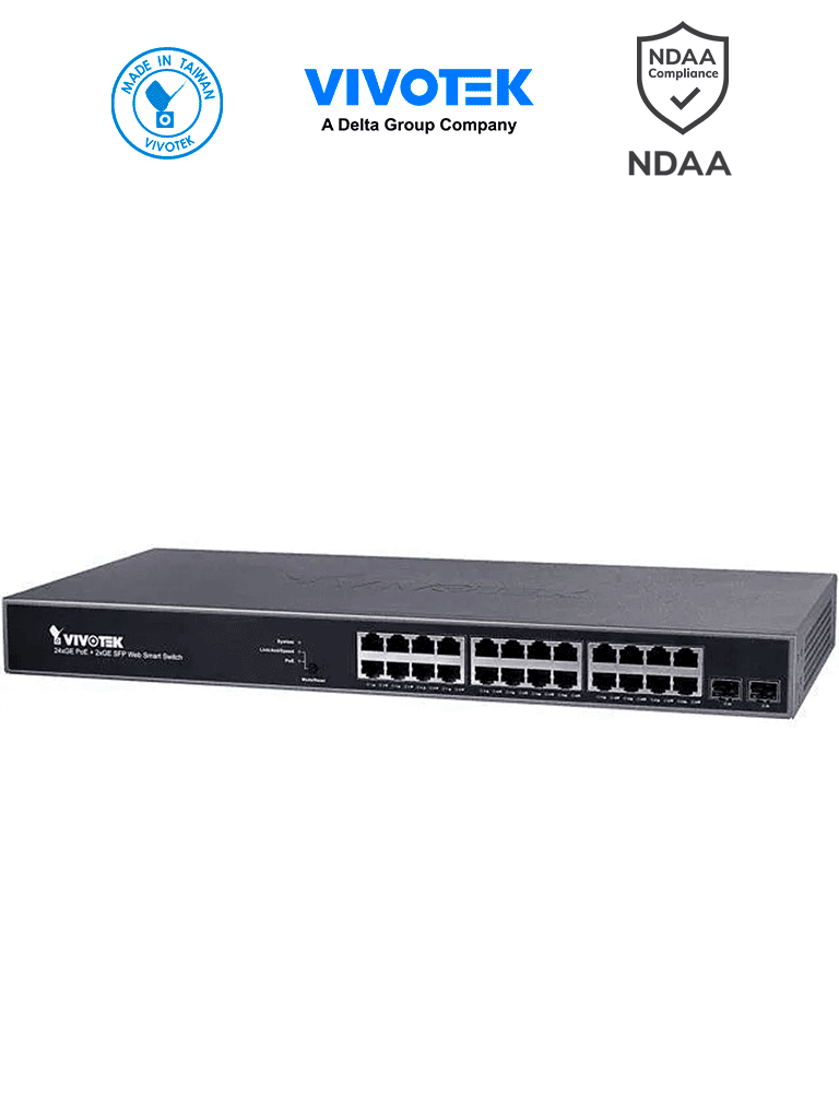 VIVOTEK AW-GEV-267A-370 - VIVOCAM Switch PoE Administrable L2+ con 24 puertos PoE GE RJ45, 2 puertos Combo GE RJ45/SFP, 370W totales (30W por puerto), 52Gbps de velocidad y gestión de vigilancia IP.