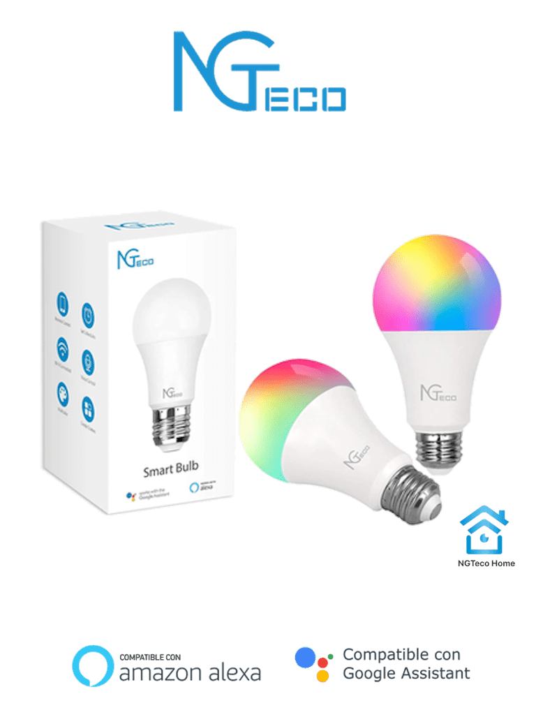 NGTECO NGL200PAQ2 - Paquete de 2 Focos Inteligentes WiFi / Colores Regulables / Control Remoto vía App / Control de Voz mediante Amazon Alexa y Asistente de Google / Temporizador  
