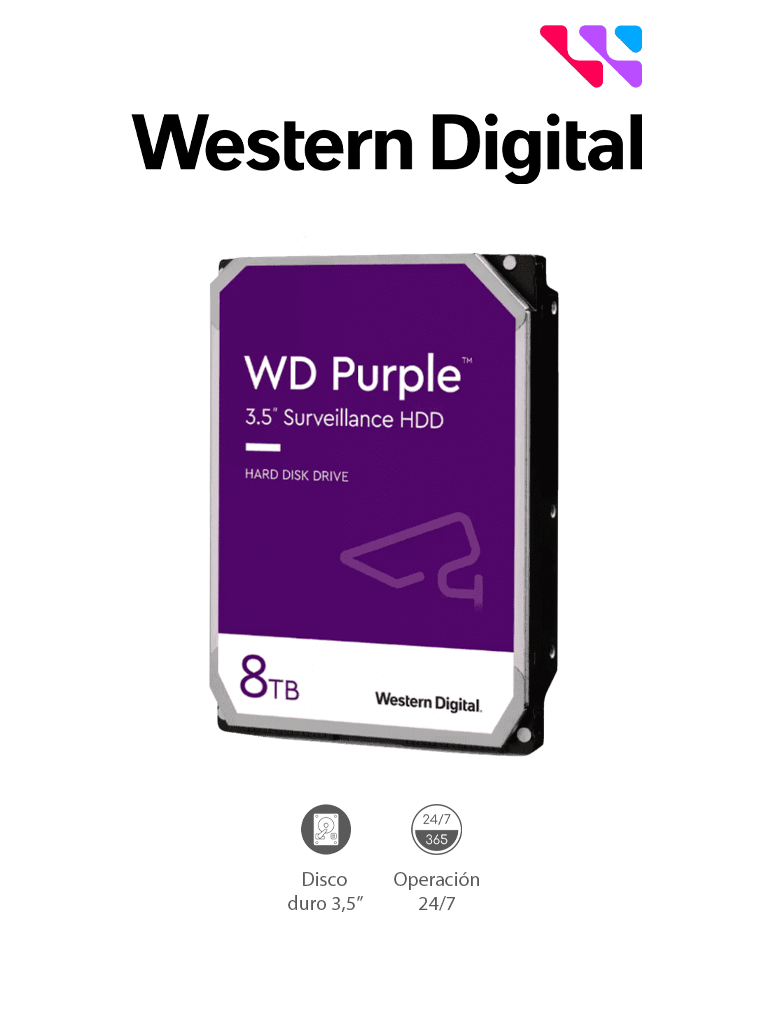 WESTERN DIGITAL WD85PURZ - Disco Duro de 8 TB Purple/ Especial para Videovigilancia/ Trabajo 24/7/ Interface: Sata 6 Gb/s/ Hasta 64 Cámaras/ Hasta 16 Bahías de Discos Duros #VIVA