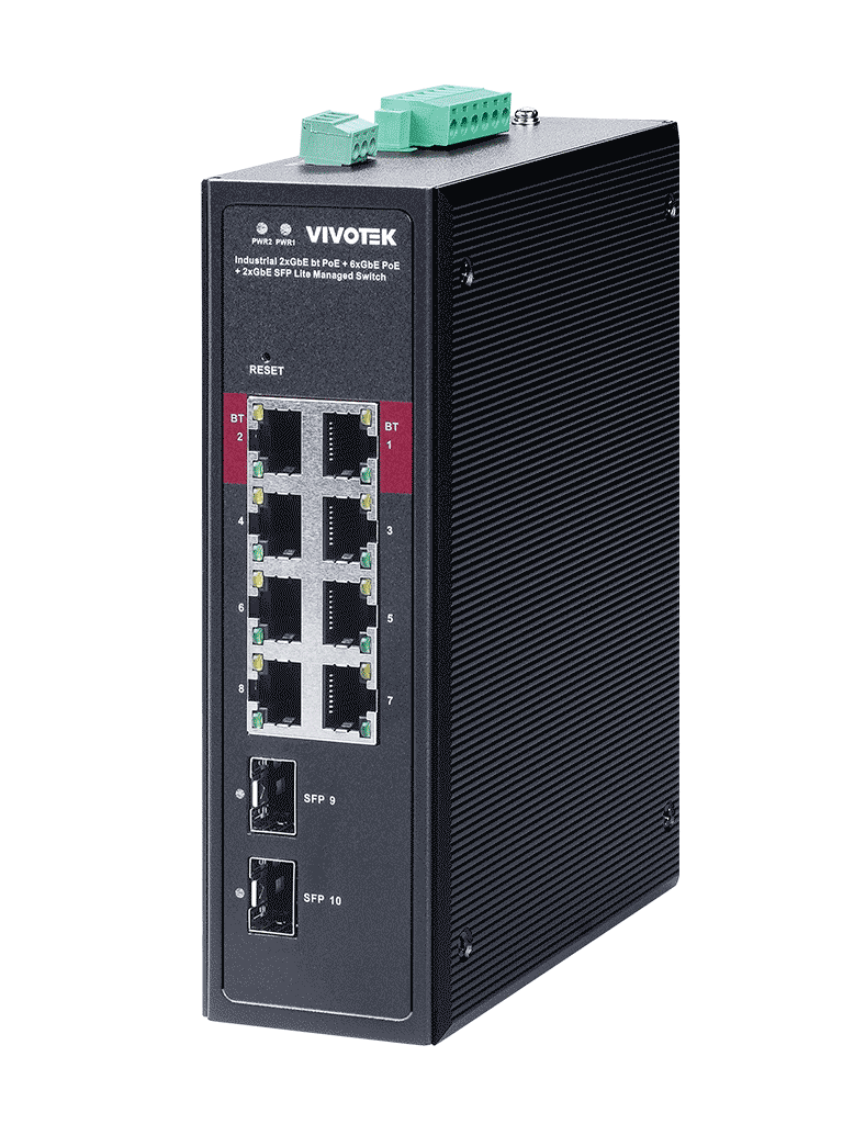 VIVOTEK AW-IHB-1040 - Switch PoE Industrial 8 puertos Administrable, 2 puertos PoE GbE 90W, 6 puertos GbE 30W,  2 puertos GbE SFP, 300W Totales, 20Gbps, NDAA