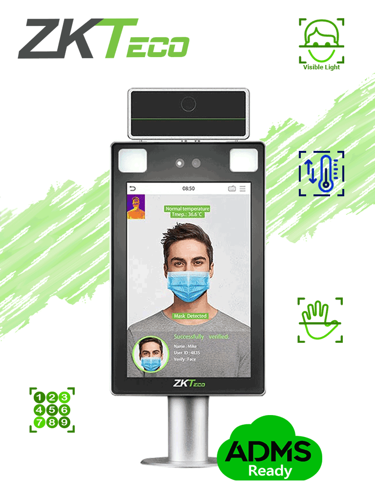 ZKTECO PROFACEXTICH - Terminal de Control de Acceso y Asistencia Facial y Palma con Medición de Temperatura y Uso de Cubrebocas / Lectura de QR e Intercom / Con Soporte para Torniquete / Serie Visible Light (PRODUCTO SOBRE PEDIDO)