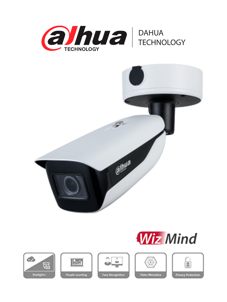 DAHUA IPC-HFW7442HN-ZFR - Cámara IP Bullet Resolución de 4 MP/ Lente Mot. 2.7 a 12mm/ ∢ 114°-47°/ IR 60 mts/ IA WizMind/ Reconocimiento Facial/ Metadatos de Video/ Conteo de Personas/ Starlight/ ePoE/ WDR 140dB/ H.265/ IP67/ IK10/ E&S Alarma/ E&S Audio/ 