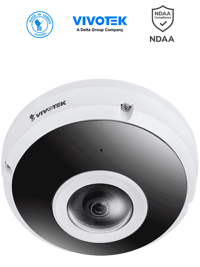 VIVOTEK FE9380HV - Cámara IP fisheye exterior 5 MP, H.265, panorámica 360º, Smart IR 10m, WDR Pro, micrófono integrado, IP66/IK10, ciberseguridad Trend Micro, Smart Stream III, visión SNV, NDAA, ONVIF