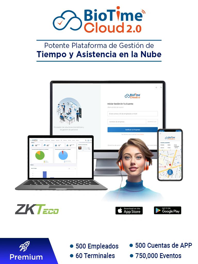 ZKTECO BIOTIMECLOUDPREMIUM - Licencia de Asistencia en la Nube para 500 Empleados, 60 Terminales, 750,000 Eventos y 500 Cuentas de App, Suscripción por un Año #BC2