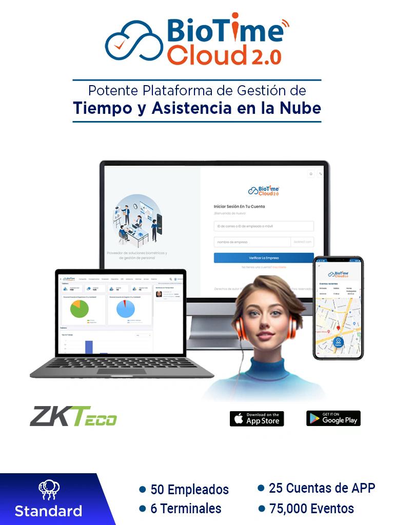 ZKTECO BIOTIMECLOUDSTANDARD - Licencia de Asistencia en la Nube para 50 Empleados, 6 Terminales, 75,000 Eventos y 25 Cuentas de App, Suscripción por un Año #BC2