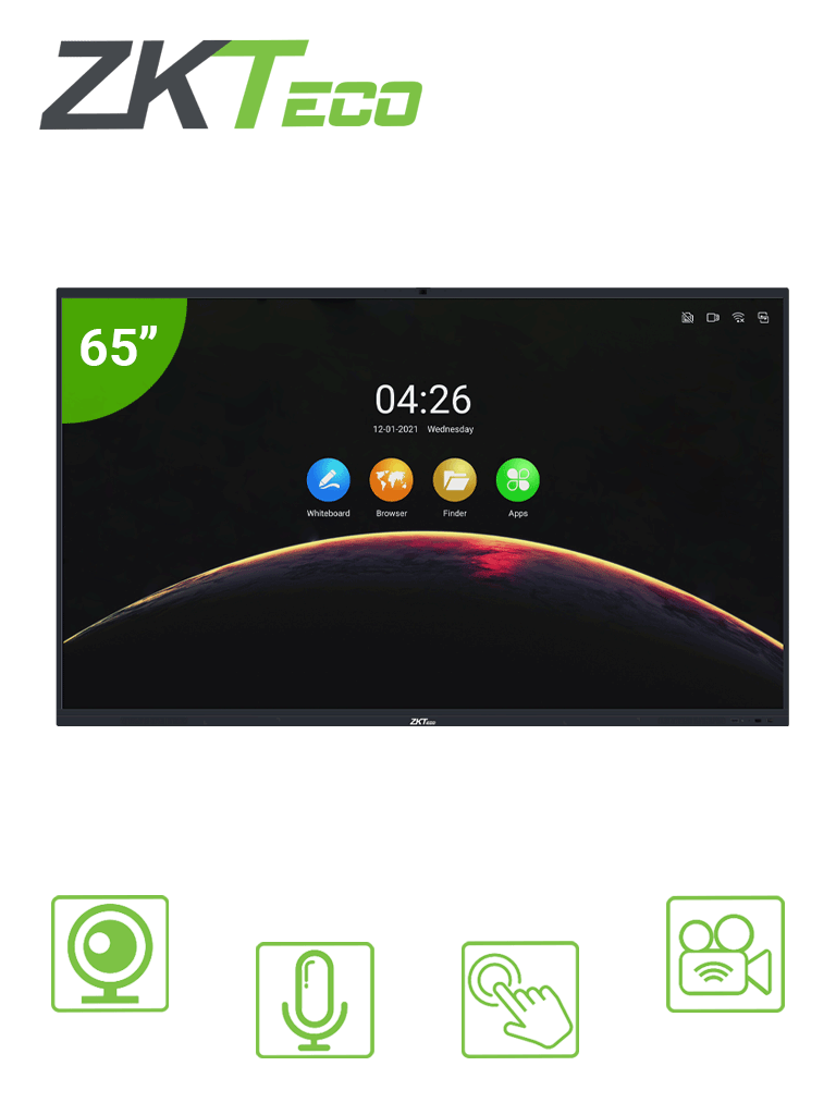 ZKTECO IWB65B - Pantalla Digital Interactiva / 65 pulgadas / 4K UHD / Android / Bisel Delgado / Cámara Integrada 13 megapíxeles / Matriz de 6 Micrófonos / 20 Puntos Multi-touch  / Proyección Inalámbrica mediante WiFi 